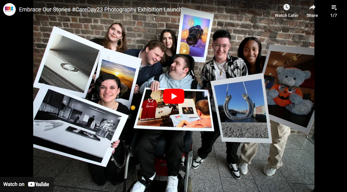 EPIC Youth Council members pose with their Care Day 2023 photography exhibition images. Each member is holding their own photograph