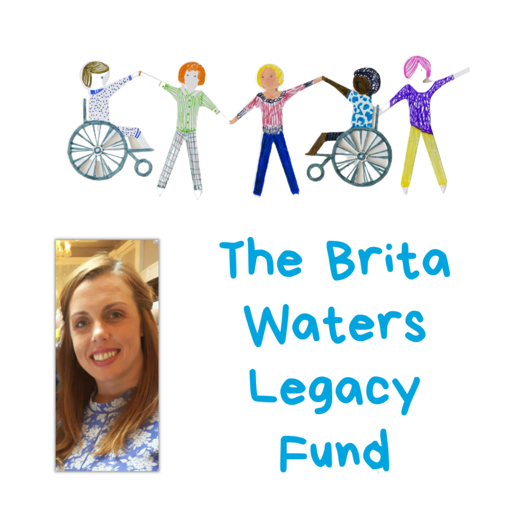 Graphic image with a drawing of five children in a paper chain, two of them are using wheelchairs. Underneath, there is a photo of a woman. Next to the woman, it says 'The Brita Waters Legacy Fund' in blue text.