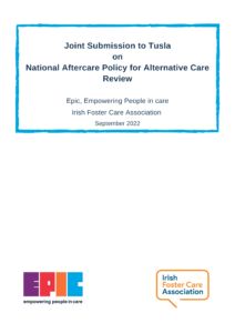 Cover for our Joint Submission to Tusla on National Aftercare Policy for Alternative Care Review.