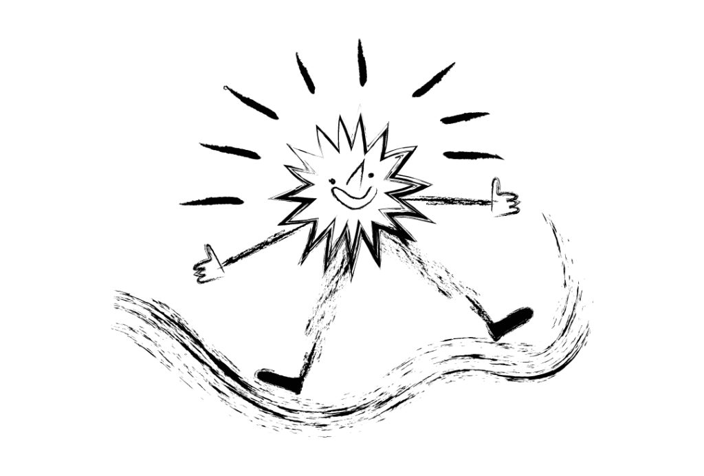 Black and white sketch of a sun with thumbs up.