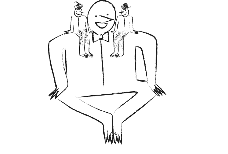 Sketch of a person sitting with two people on his shoulders..