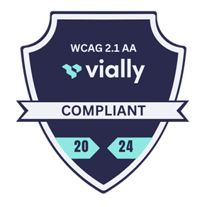 Navy crest with the text 'WCAG 2.1 AA Compliant 2024'. The 'Vially' logo appears in the middle.