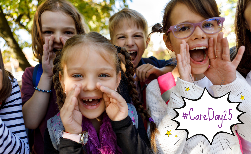 A photo of four young children shouting at the camera. The Care Day logo is in the bottom righthand corner.