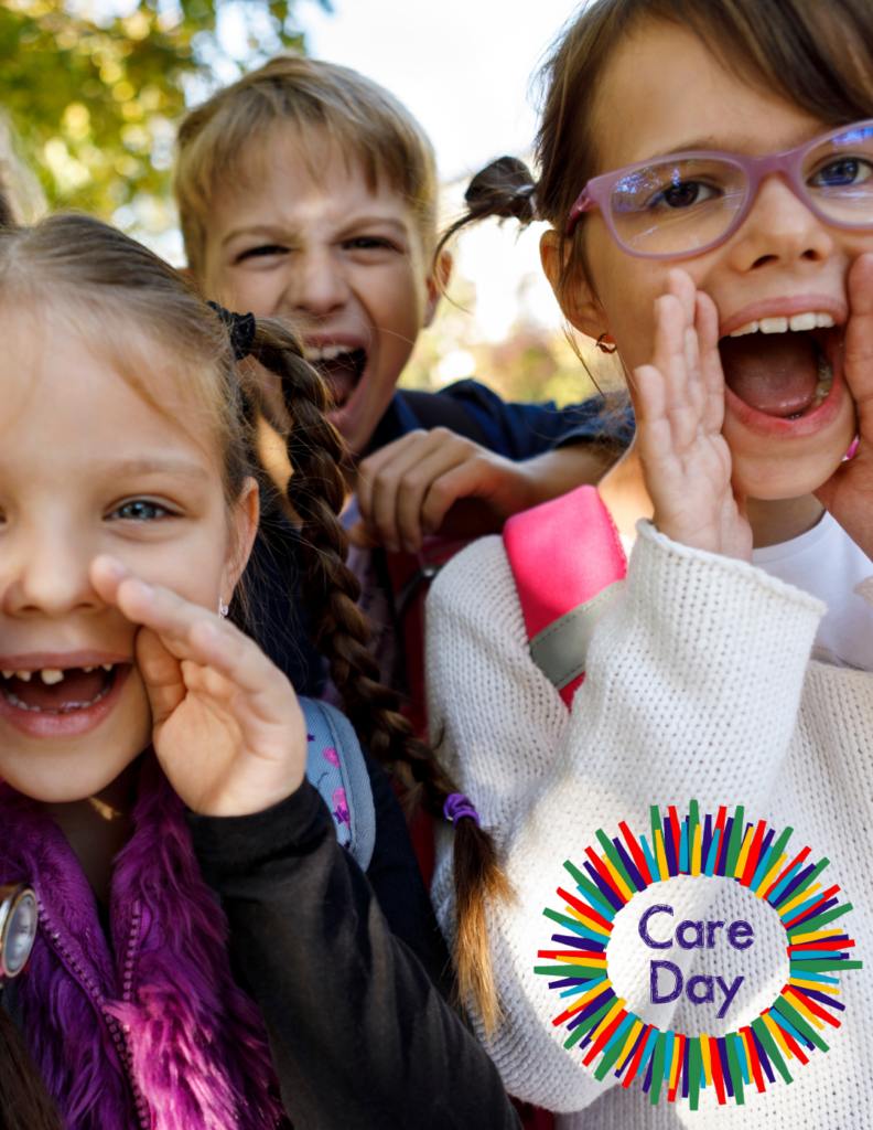 A close up photograph of three young children shouting at the camera. THe Care Day logo in in the bottom righthand corner 